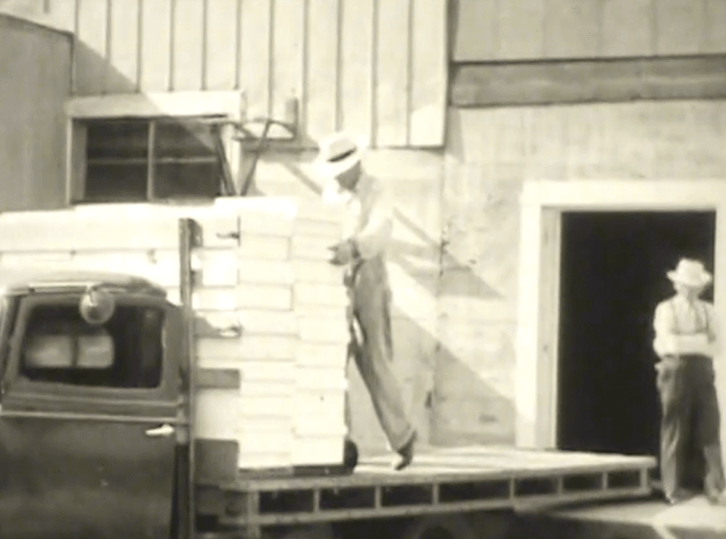 Photo of a beekeeper loading hives onto a flatbed truck